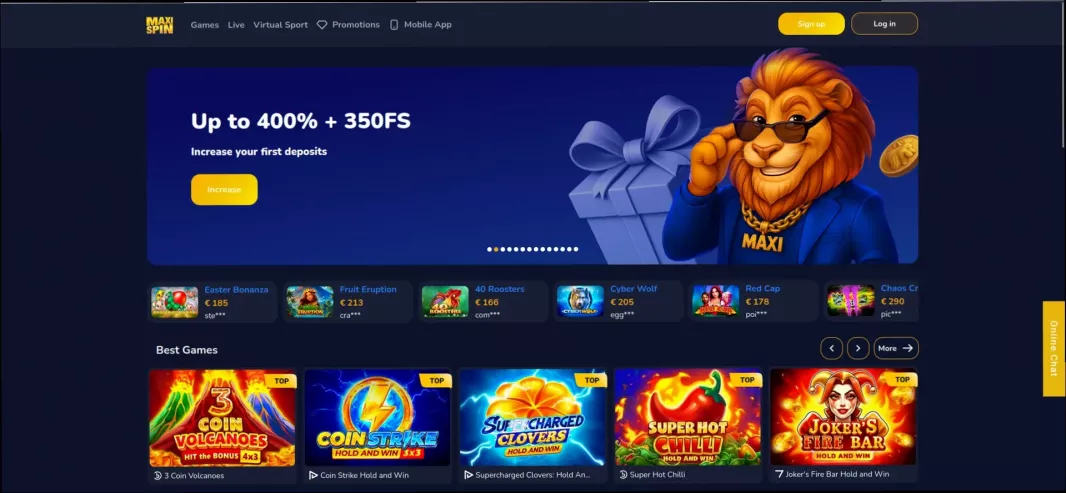 Maxi spin Casino met 100% tot €300 + 50 Gratis Spins